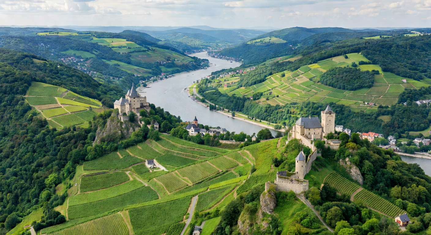 Aerial view of the Rhine Valley in Germany with castles, vineyards, and river winding through green hills