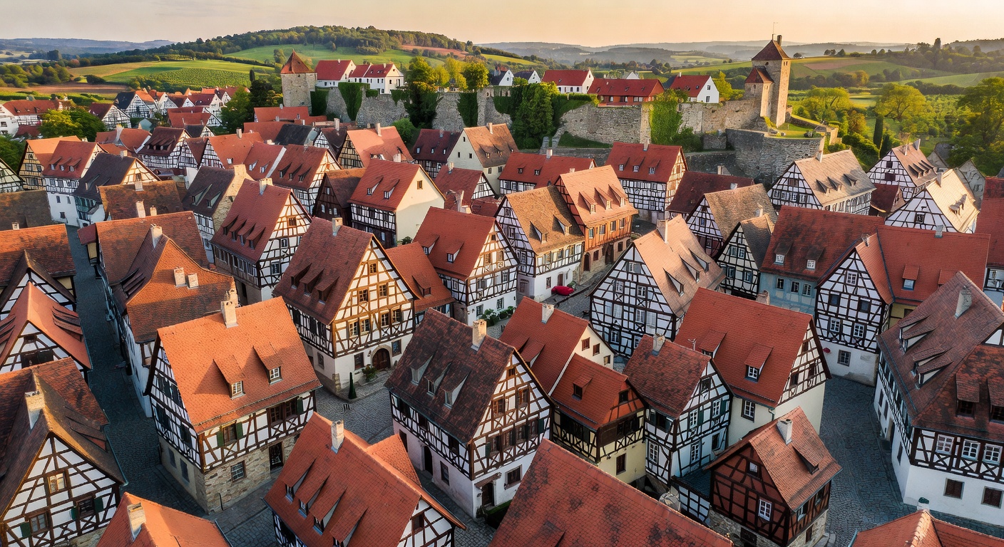 Beautiful aerial view of Rothenburg ob der Tauber medieval town with red rooftops and half-timbered houses in Germany