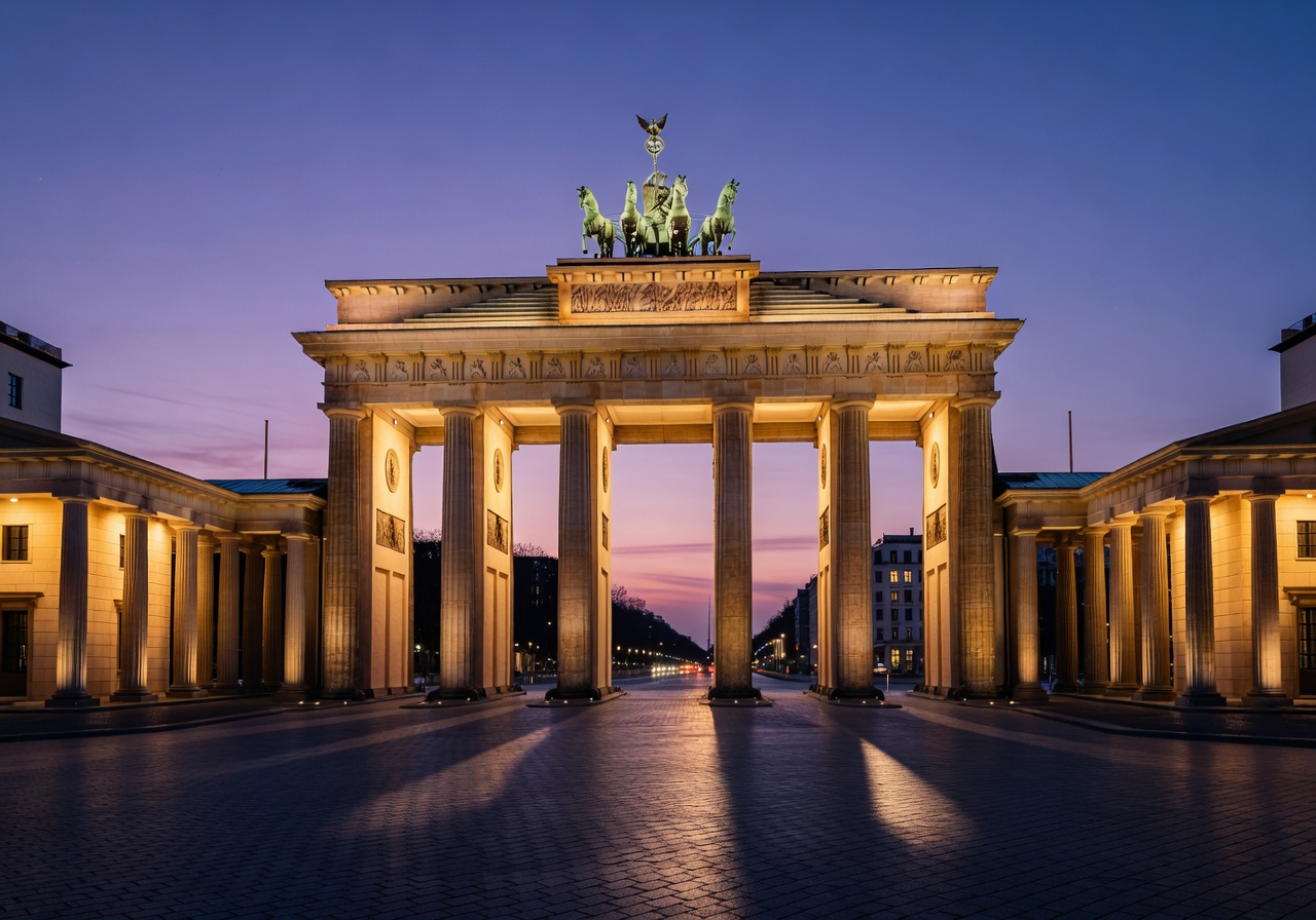 Brandenburg Gate at dusk with warm golden lights illuminating the neoclassical columns in Berlin Germany