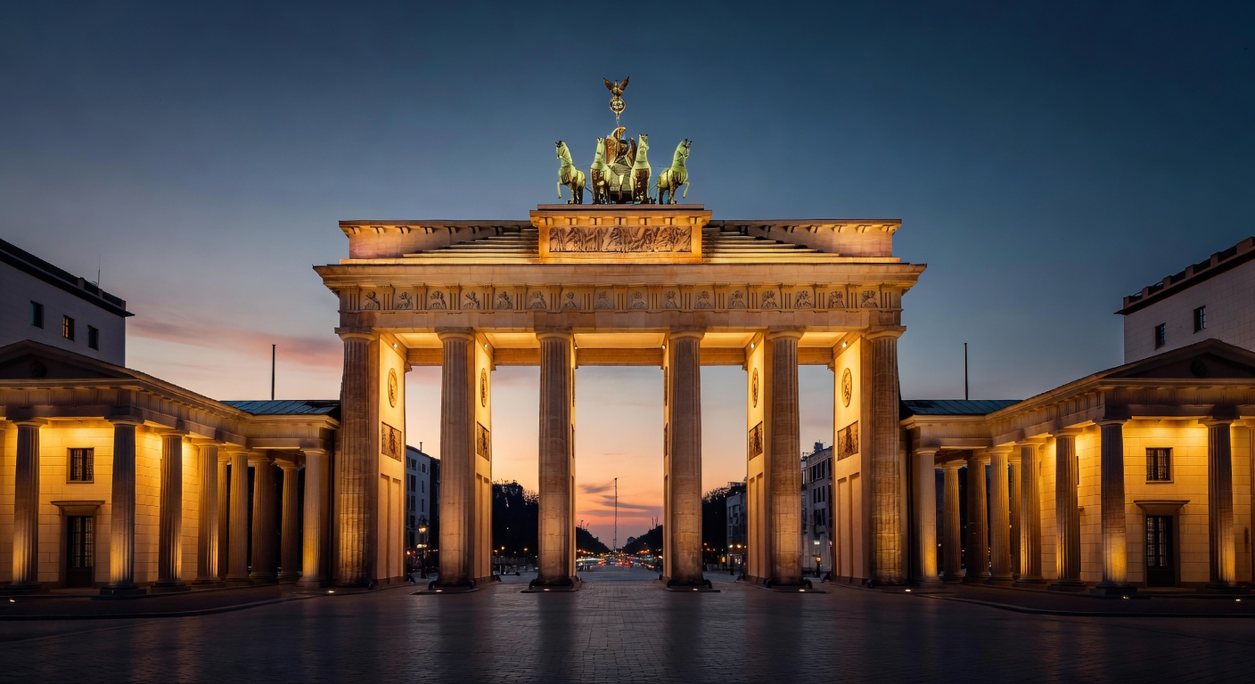 Brandenburg Gate illuminated with golden warm lights at dusk in the heart of Berlin Germany