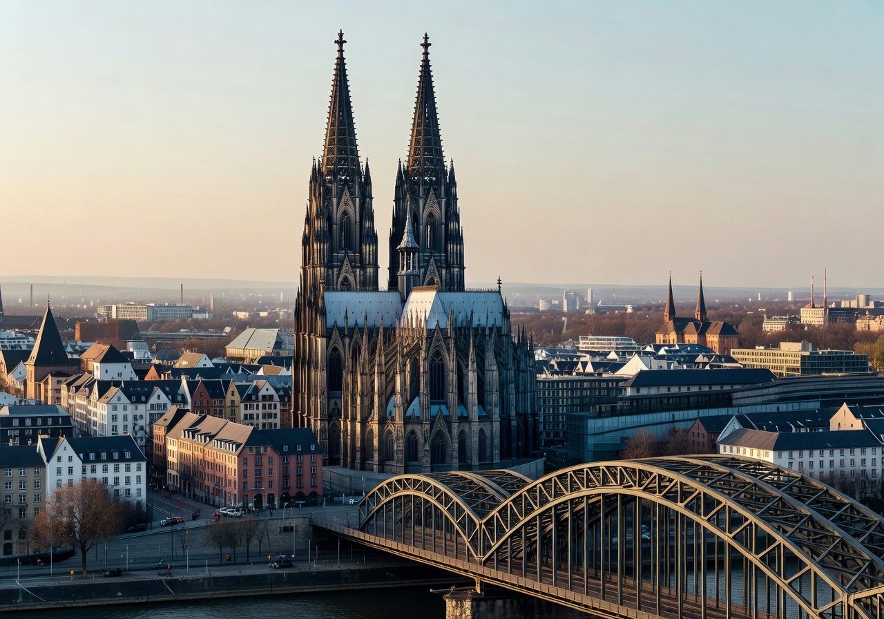 Cologne Cathedral massive Gothic twin spires towering over the city with Rhine River bridge in foreground