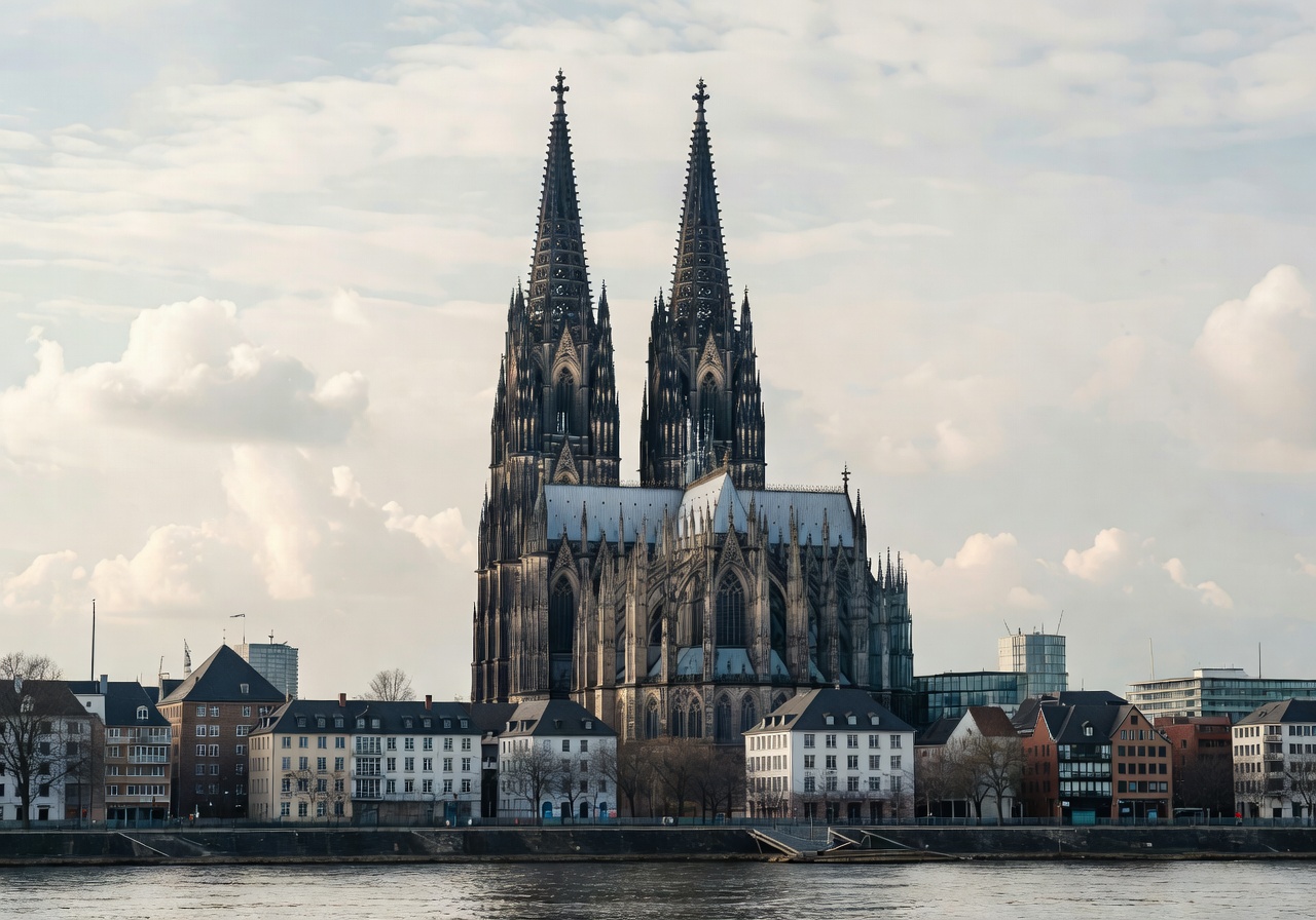 Cologne Cathedral twin gothic spires rising above the city skyline with the Rhine River in the foreground