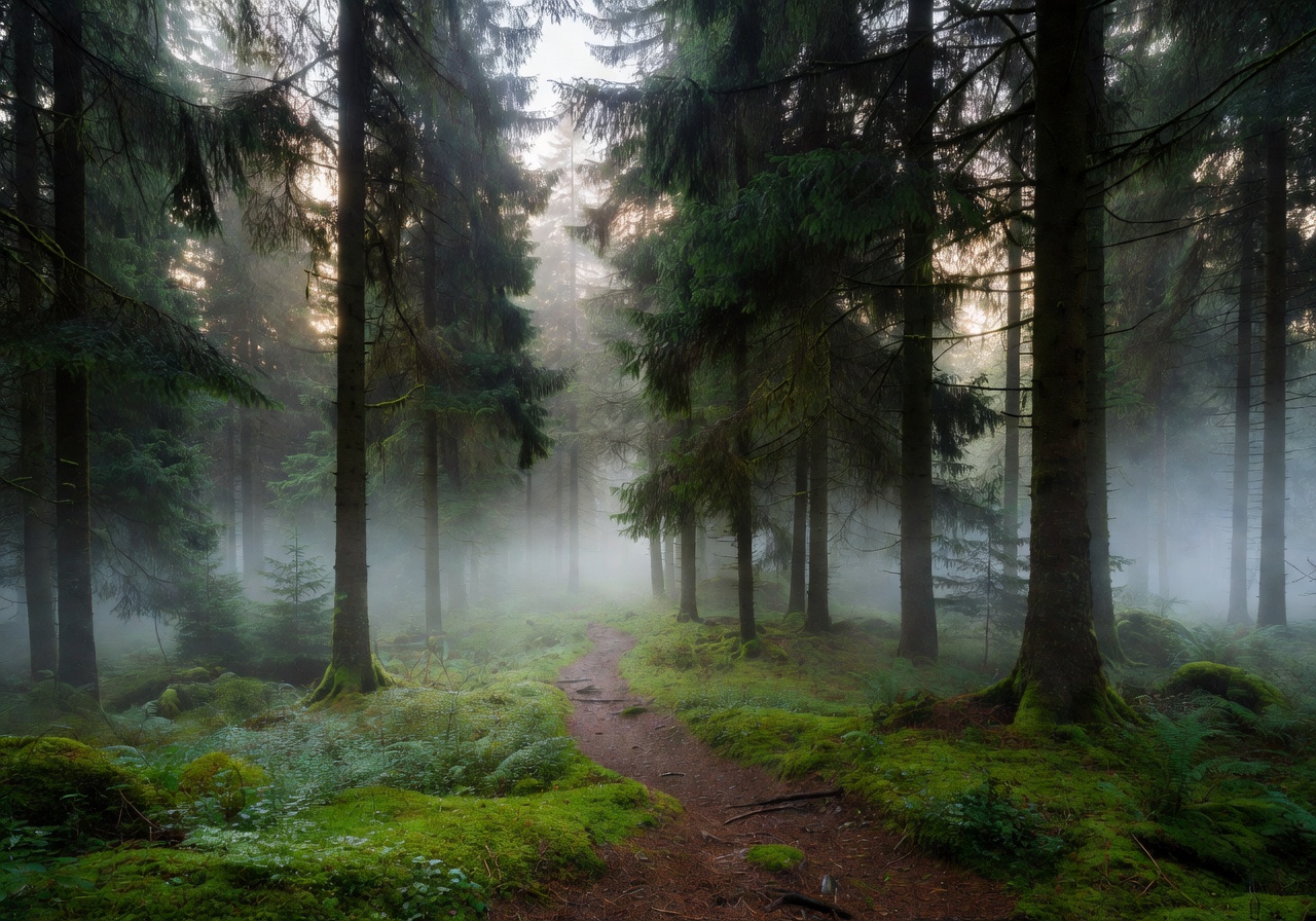 Dense misty Black Forest with tall evergreen trees and winding path through lush green woodland in Baden-Württemberg