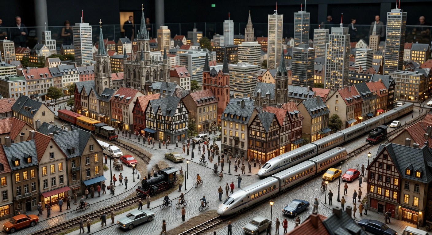 Miniatur Wunderland exhibition in Hamburg showing incredibly detailed miniature city with tiny trains buildings and people
