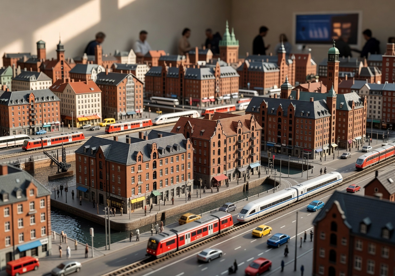 Miniatur Wunderland model railway exhibition showing intricate miniature cityscape with tiny buildings and trains in Hamburg