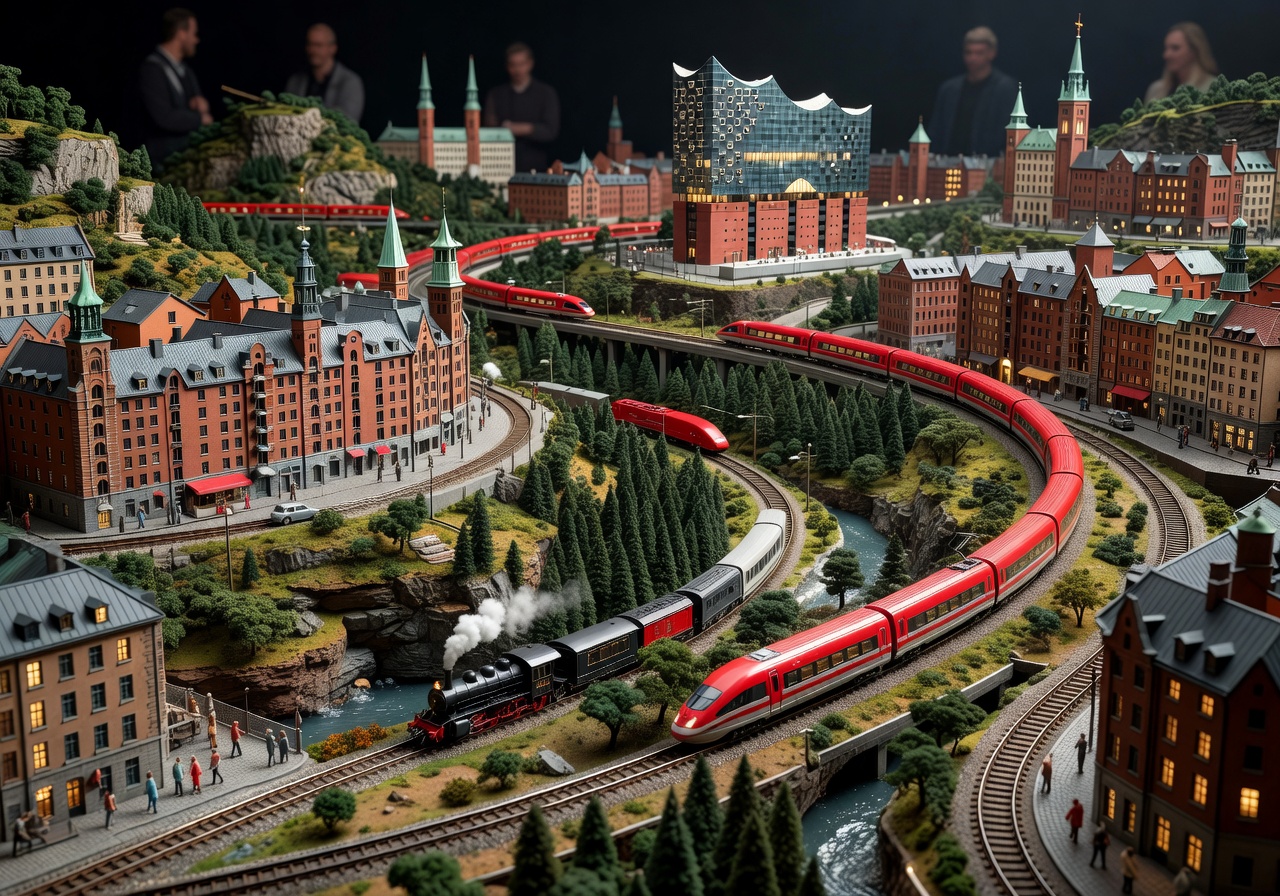Miniatur Wunderland model railway exhibition with detailed miniature buildings trains and landscapes in Hamburg Germany