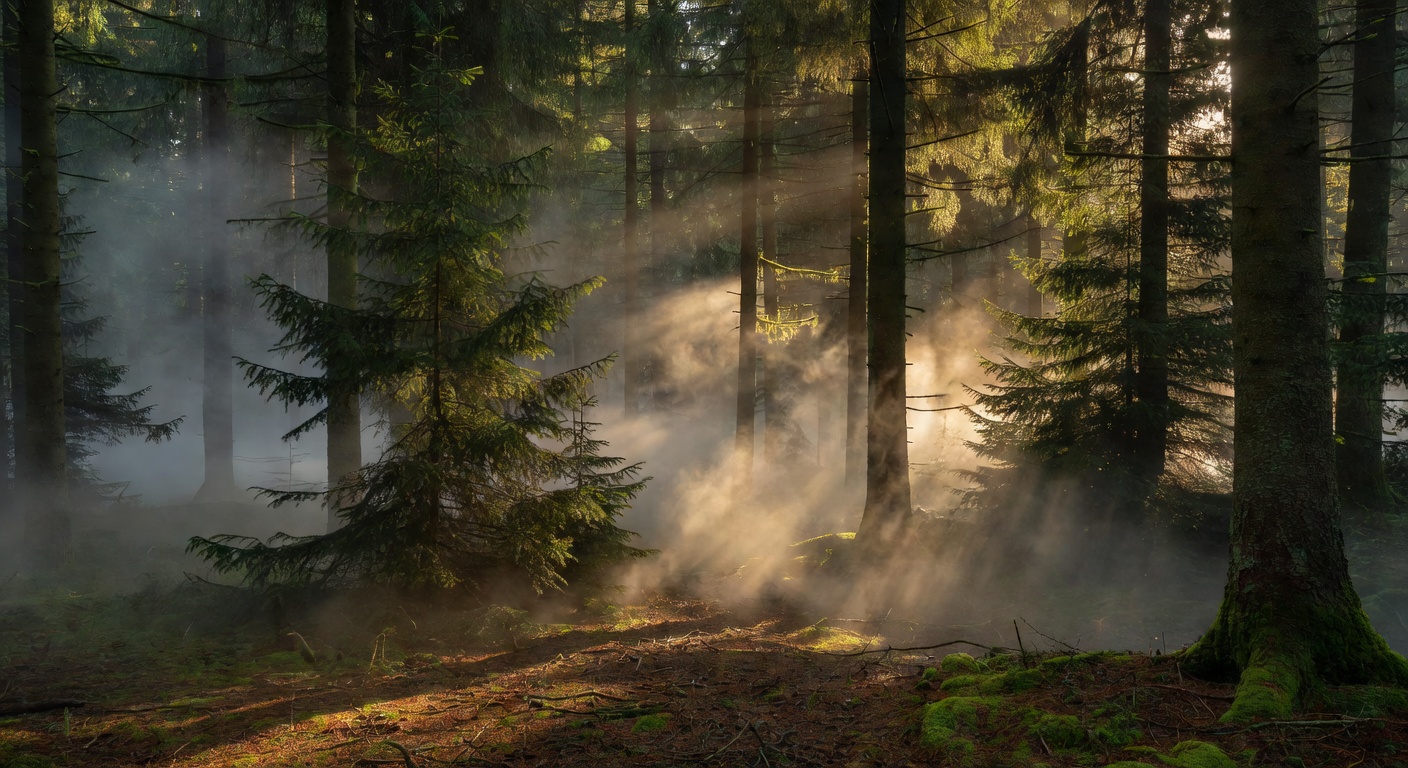 Misty Black Forest landscape with dense evergreen trees and golden sunlight filtering through the canopy in Baden-Württemberg Germany