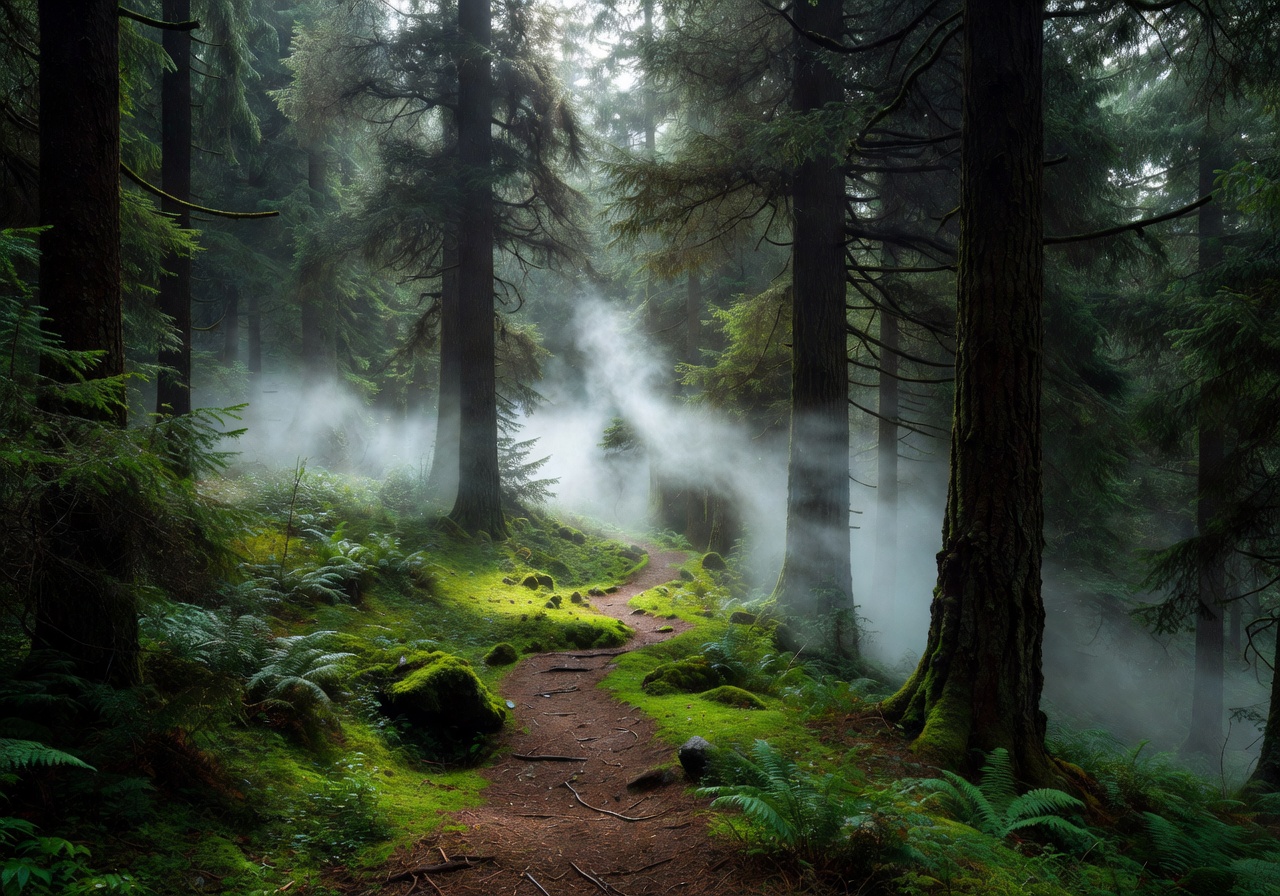 Misty Black Forest landscape with tall pine trees and a winding trail through lush green woodland in southern Germany