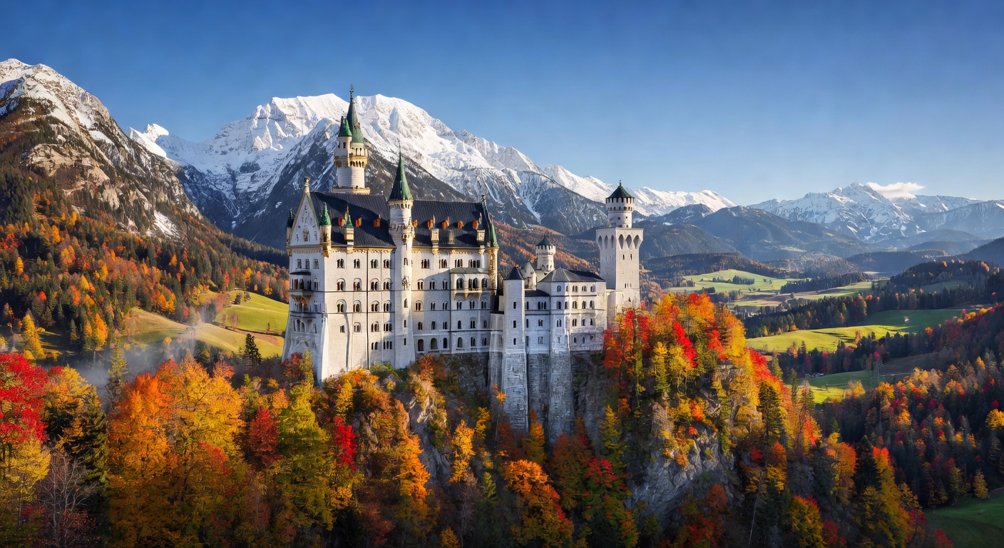 Neuschwanstein Castle dramatically perched on a cliff with snow-capped Bavarian Alps and colorful autumn trees