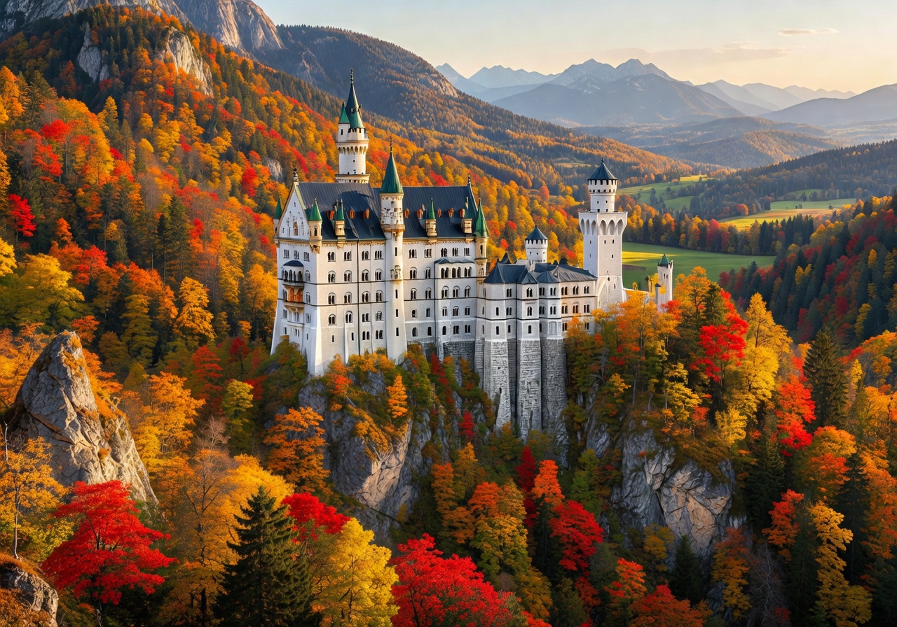 Neuschwanstein Castle on a cliff surrounded by autumn forest in Bavaria Germany