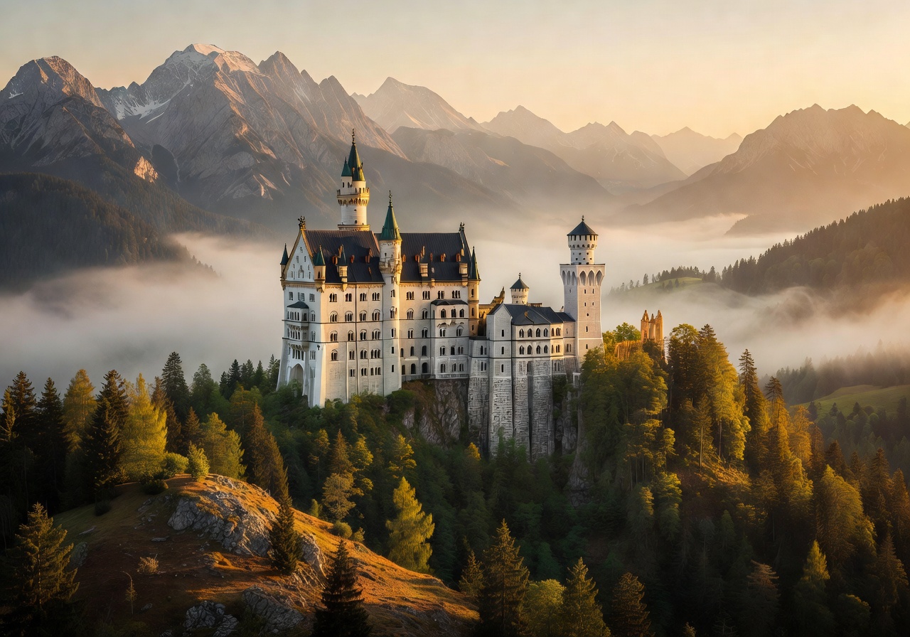 Neuschwanstein Castle perched on a hilltop with misty Bavarian Alps in the background during golden hour