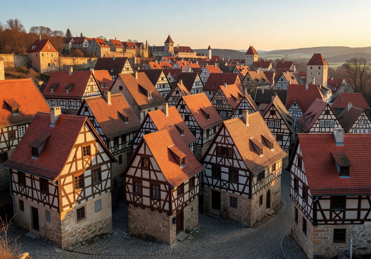 Scenic view of Rothenburg ob der Tauber medieval town with half-timbered houses and red rooftops in Germany
